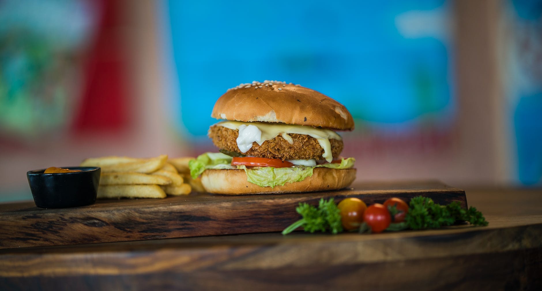 chicken burger with fries