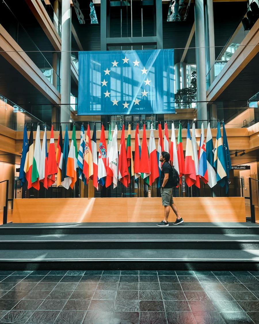 flags in european parliament building in strasbourg france