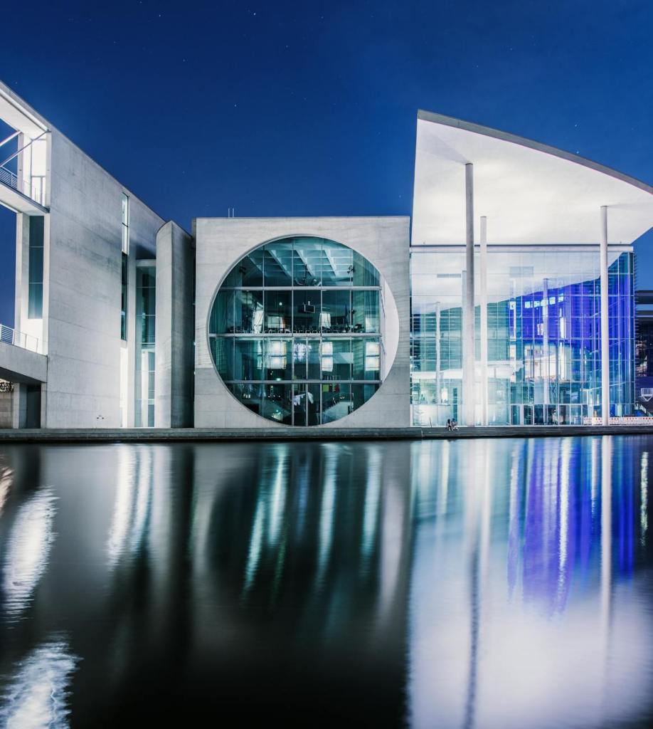illuminated in the evening modern architecture